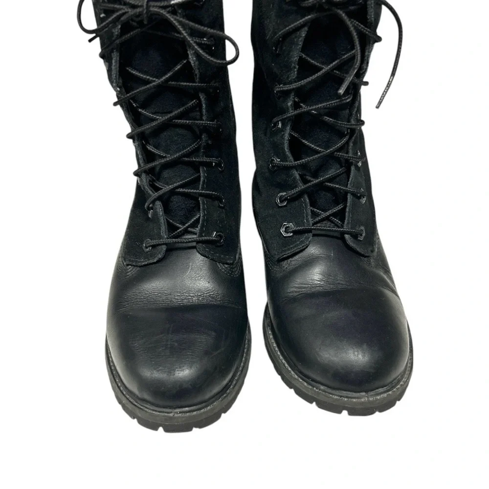 Timberland Black Leather Teddy Fleece Waterproof Fold Down Boots Lace Up Sz 9 - Picture 3 of 16
